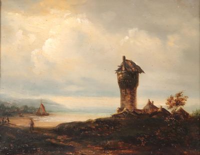 une image représentant un tableau d'un château situé sur une colline au bord de la mer
