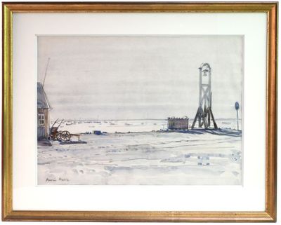 framed watercolor painting of a lighthouse in the middle of the ocean