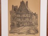 drawing of a street scene with a half - timbered building in the background