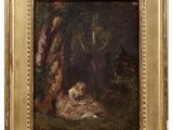 an oil painting of a woman in a wooded setting