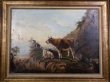 un tableau représentant une vache et quelques moutons sur une colline