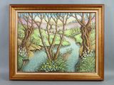 a painting of a river surrounded by trees and flowers