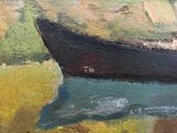 an oil painting of a boat on the water with a red house in the background