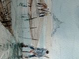 a watercolor painting of a man walking on the beach