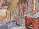 an oil painting of a street scene with a red truck