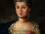 portrait of a young woman in a white dress with a blue shawl and a red rose in her left hand