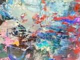 peinture abstraite représentant un vase de fleurs aux couleurs rouge, bleue et verte