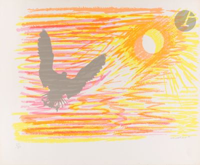 drawing of a bird flying in the sky with the sun in the background