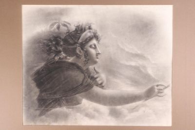 drawing of a woman with curly hair holding a flower in her right hand