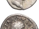 deux pièces de monnaie romaines antiques, dont l'une représente un buste et l'autre est un buste