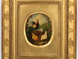 an image of a painting of a rooster and chickens in a field
