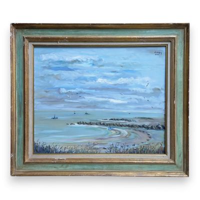 an oil painting of a beach scene with a boat in the distance