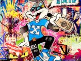 tableau représentant un lapin avec un skateboard devant un mur couvert de graffitis