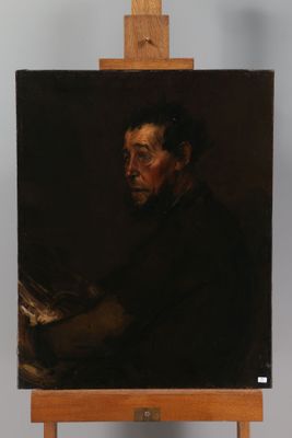 an oil painting of a man holding a book on a wooden easel