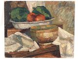 un tableau représentant un bol de fruits et de légumes posé sur une table