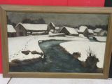 painting of a river running through a snow covered field next to a red wall