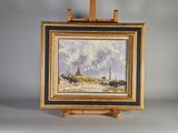 peinture sur chevalet représentant un paysage avec des vaches et une église
