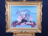 une peinture de fleurs dans un vase sur une table