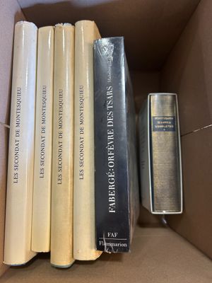 plusieurs livres dans une boîte en carton posée sur une table
