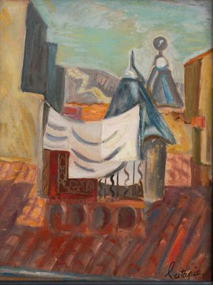 an oil painting of a woman standing on a roof next to a horse