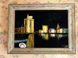 une image d'une peinture d'une ville au bord de l'eau