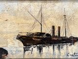 a painting of a boat in the water with rocks in the background