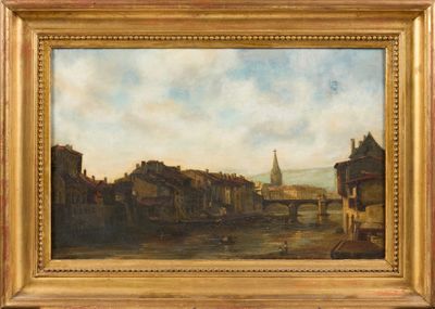 une peinture à l'huile représentant une scène fluviale avec un pont et des bâtiments