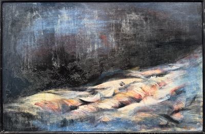 une peinture à l'huile représentant un poisson mort sur un lit, dans une pièce sombre