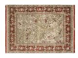 a beige and red rug with a floral design on it