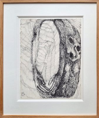 a black and white drawing of a skull in a wooden frame
