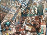 painting of wrestlers in a ring with a crowd of people in the background