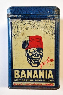 a blue tin with a picture of a man in a red hat