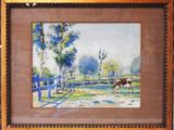 painting of a horse in a fenced in area with trees and a bench