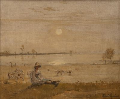 tableau représentant une femme assise au bord d'un lac, en compagnie de moutons