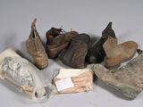 many pairs of shoes that are sitting on a table