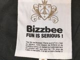 the label on the back of a black jacket that says bizzbee fun is serious