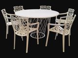 a white table with four chairs around it on a black background