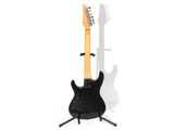 two electric guitars sitting on top of a stand on a white surface