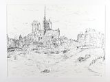 drawing of a cityscape with a boat in the foreground and buildings in the background