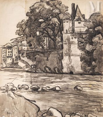 dessin représentant une rivière avec un château en arrière-plan et des arbres au premier plan