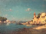 painting of a view of a beach with a boat in the water