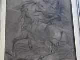 drawing of a man riding a horse with a horse in the background