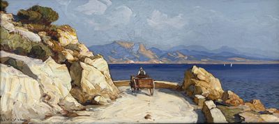 an image of a painting of a horse drawn carriage on a road by the water