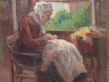 tableau représentant une vieille femme assise sur une chaise, regardant par la fenêtre