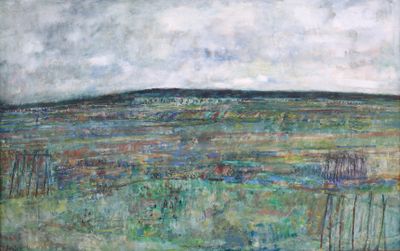 an image of a painting of a field with a fence in the foreground