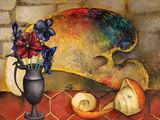 tableau représentant une nature morte avec une palette et des fleurs dans un vase noir