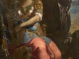 an image of a painting of a woman sitting on a rock