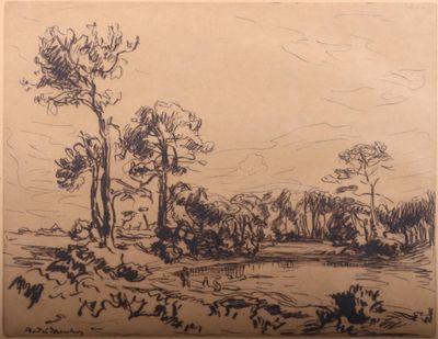 dessin d'un paysage avec des arbres et une rivière au premier plan