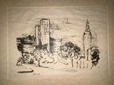dessin représentant une ville avec une tour horloge en arrière-plan
