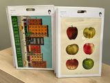 two bags of apples sitting on a table next to each other